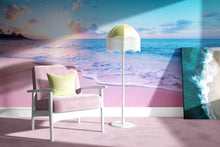 Load image into Gallery viewer, Pastel Color Sunset over Paradise Beach Wall Mural. Pastel Pink and Blue Color Scheme Peel and Stick Wallpaper. #6404
