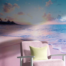 Cargar imagen en el visor de la galería, Pastel Color Sunset over Paradise Beach Wall Mural. Pastel Pink and Blue Color Scheme Peel and Stick Wallpaper. #6404
