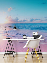 Load image into Gallery viewer, Pastel Color Sunset over Paradise Beach Wall Mural. Pastel Pink and Blue Color Scheme Peel and Stick Wallpaper. #6404
