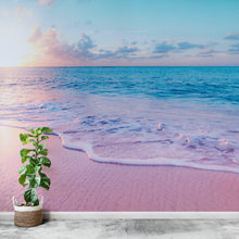 Cargar imagen en el visor de la galería, Pastel Color Sunset over Paradise Beach Wall Mural. Pastel Pink and Blue Color Scheme Peel and Stick Wallpaper. #6404
