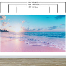 Load image into Gallery viewer, Pastel Color Sunset over Paradise Beach Wall Mural. Pastel Pink and Blue Color Scheme Peel and Stick Wallpaper. #6404
