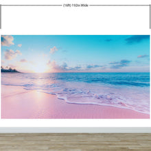 Load image into Gallery viewer, Pastel Color Sunset over Paradise Beach Wall Mural. Pastel Pink and Blue Color Scheme Peel and Stick Wallpaper. #6404
