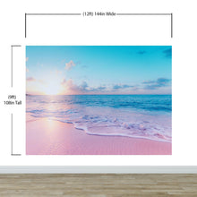 Load image into Gallery viewer, Pastel Color Sunset over Paradise Beach Wall Mural. Pastel Pink and Blue Color Scheme Peel and Stick Wallpaper. #6404
