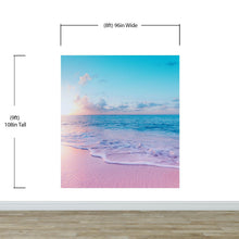 Load image into Gallery viewer, Pastel Color Sunset over Paradise Beach Wall Mural. Pastel Pink and Blue Color Scheme Peel and Stick Wallpaper. #6404
