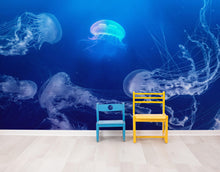 Load image into Gallery viewer, Jellyfish Floating Underwater Wall Mural. Deep Blue Ocean Peel and Stick Wallpaper. #6405
