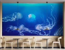 Load image into Gallery viewer, Jellyfish Floating Underwater Wall Mural. Deep Blue Ocean Peel and Stick Wallpaper. #6405
