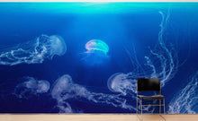 Load image into Gallery viewer, Jellyfish Floating Underwater Wall Mural. Deep Blue Ocean Peel and Stick Wallpaper. #6405
