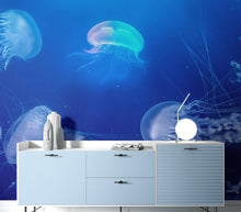 Load image into Gallery viewer, Jellyfish Floating Underwater Wall Mural. Deep Blue Ocean Peel and Stick Wallpaper. #6405
