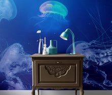 Load image into Gallery viewer, Jellyfish Floating Underwater Wall Mural. Deep Blue Ocean Peel and Stick Wallpaper. #6405
