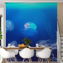 Load image into Gallery viewer, Jellyfish Floating Underwater Wall Mural. Deep Blue Ocean Peel and Stick Wallpaper. #6405
