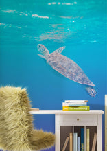 Load image into Gallery viewer, Swimming Sea Turtle Coming Up for Air Wall Mural. Pastel Color Sea Life. Peel and Stick Wallpaper. #6406
