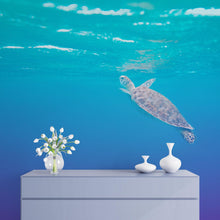 Load image into Gallery viewer, Swimming Sea Turtle Coming Up for Air Wall Mural. Pastel Color Sea Life. Peel and Stick Wallpaper. #6406
