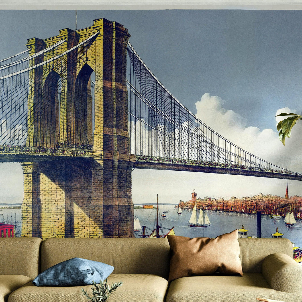 Vintage Brooklyn Bridge Illustration Wallpaper Mural - The Great East River Suspension Bridge. #6408