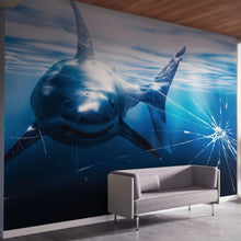 Load image into Gallery viewer, Great White Shark Attack Aquarium Glass Wall Mural. Peel and Stick Wallpaper. #6424
