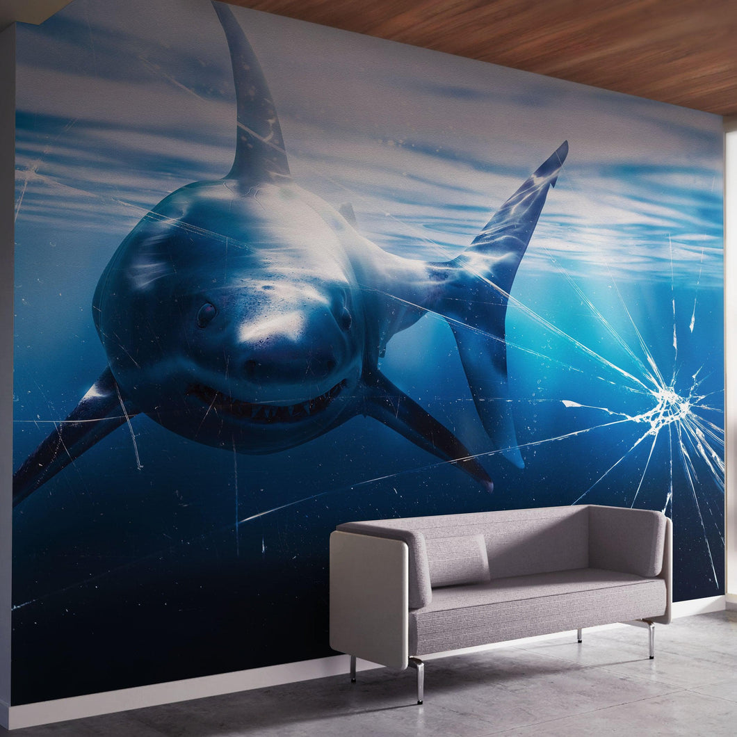 Great White Shark Attack Aquarium Glass Wall Mural. Peel and Stick Wallpaper. #6424