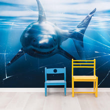 Load image into Gallery viewer, Great White Shark Attack Aquarium Glass Wall Mural. Peel and Stick Wallpaper. #6424
