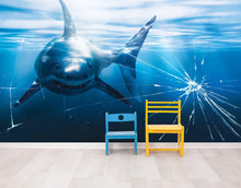 Load image into Gallery viewer, Great White Shark Attack Aquarium Glass Wall Mural. Peel and Stick Wallpaper. #6424
