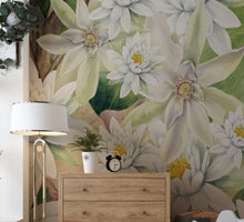 Carregar imagem no visualizador da galeria, Botanical Flower Wall Mural. Color Pencil Artwork of Flower Garden Peel and Stick Wallpaper. Paradise Botanical Flowers and Leave Black Background. #6426
