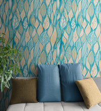 Cargar imagen en el visor de la galería, Teal Color Autumn Leaves Pattern Wall Mural. Retro Illustration Foliage Pattern. #6438
