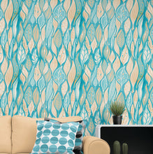 Cargar imagen en el visor de la galería, Teal Color Autumn Leaves Pattern Wall Mural. Retro Illustration Foliage Pattern. #6438
