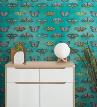 Load image into Gallery viewer, Butterfly Pattern on Green Background Wall Mural. Retro Green, Pink and Gold Color Illustration Design. Bedroom, Nursery, Home Decor. Peel and Stick Wallpaper. #6440
