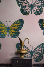 Load image into Gallery viewer, Large Butterfly Pattern on Pink Background Wall Mural. Bedroom, Nursery, Home Decor. Peel and Stick Wallpaper. #6441
