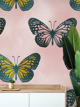 Load image into Gallery viewer, Large Butterfly Pattern on Pink Background Wall Mural. Bedroom, Nursery, Home Decor. Peel and Stick Wallpaper. #6441
