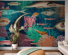 Cargar imagen en el visor de la galería, Vintage Retro Underwater Marine Sea Life Wall Mural. Beach / Nautical / Marine Life Theme Peel and Stick Wallpaper. #6442
