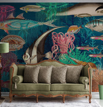 Cargar imagen en el visor de la galería, Vintage Retro Underwater Marine Sea Life Wall Mural. Beach / Nautical / Marine Life Theme Peel and Stick Wallpaper. #6442
