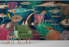 Cargar imagen en el visor de la galería, Vintage Retro Underwater Marine Sea Life Wall Mural. Beach / Nautical / Marine Life Theme Peel and Stick Wallpaper. #6442
