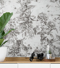 Load image into Gallery viewer, Vintage Flower Pattern Illustration Wall Mural. Black and White Peel and Stick Wallpaper. #6443
