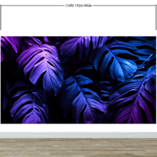 Load image into Gallery viewer, Tropical Wallpaper Blue and Purple Leaf Wall Mural on Dark Background #6445
