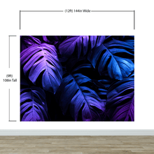 Load image into Gallery viewer, Tropical Wallpaper Blue and Purple Leaf Wall Mural on Dark Background #6445
