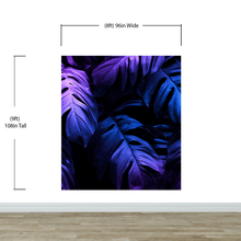 Load image into Gallery viewer, Tropical Wallpaper Blue and Purple Leaf Wall Mural on Dark Background #6445
