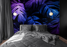 Load image into Gallery viewer, Tropical Wallpaper Blue and Purple Leaf Wall Mural on Dark Background #6445
