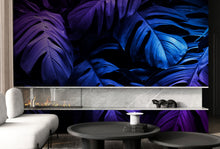 Load image into Gallery viewer, Tropical Wallpaper Blue and Purple Leaf Wall Mural on Dark Background #6445
