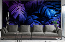 Load image into Gallery viewer, Tropical Wallpaper Blue and Purple Leaf Wall Mural on Dark Background #6445
