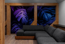 Load image into Gallery viewer, Tropical Wallpaper Blue and Purple Leaf Wall Mural on Dark Background #6445
