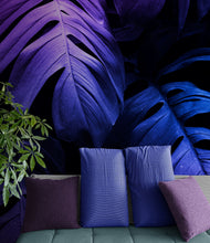 Load image into Gallery viewer, Tropical Wallpaper Blue and Purple Leaf Wall Mural on Dark Background #6445
