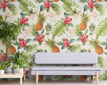 Load image into Gallery viewer, Pineapple Tropical Vibe Wall Mural. Hawaiian Theme Peel and Stick Wallpaper. Paradise Vibe Theme Decor. #6447
