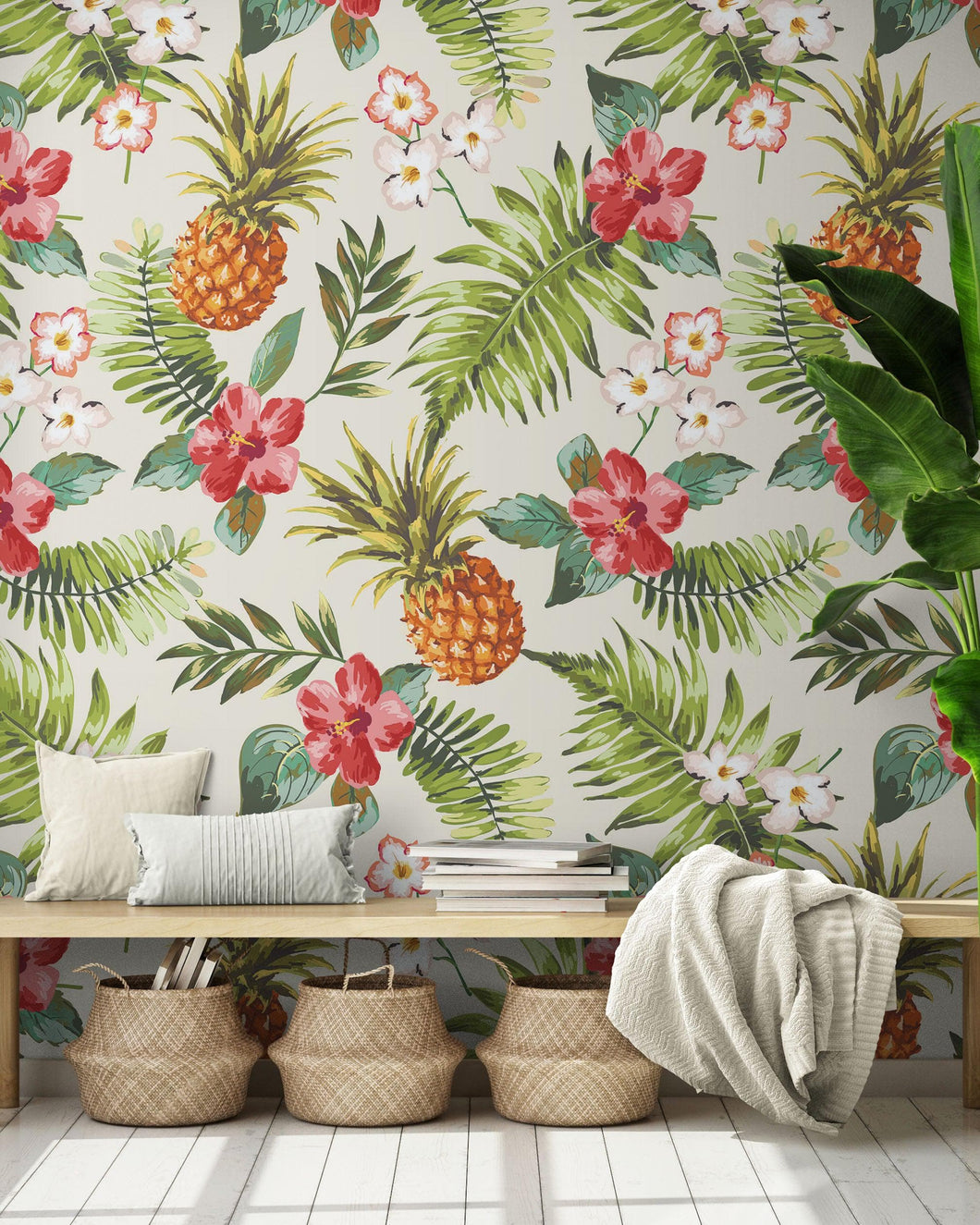 Pineapple Tropical Vibe Wall Mural. Hawaiian Theme Peel and Stick Wallpaper. Paradise Vibe Theme Decor. #6447