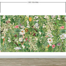 Cargar imagen en el visor de la galería, Botanical Vegetation Garden Wall Mural. Color Pencil Artwork of Flower Garden Peel and Stick Wallpaper. Rainforest Jungle Botanical Flowers and Leafs Background. #6449
