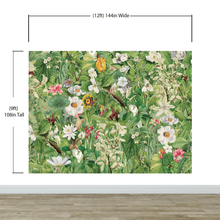 Cargar imagen en el visor de la galería, Botanical Vegetation Garden Wall Mural. Color Pencil Artwork of Flower Garden Peel and Stick Wallpaper. Rainforest Jungle Botanical Flowers and Leafs Background. #6449
