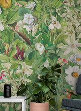 Load image into Gallery viewer, Botanical Vegetation Garden Wall Mural. Color Pencil Artwork of Flower Garden Peel and Stick Wallpaper. Rainforest Jungle Botanical Flowers and Leafs Background. #6449
