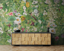 Cargar imagen en el visor de la galería, Botanical Vegetation Garden Wall Mural. Color Pencil Artwork of Flower Garden Peel and Stick Wallpaper. Rainforest Jungle Botanical Flowers and Leafs Background. #6449
