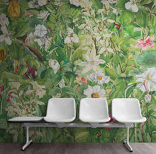 Load image into Gallery viewer, Botanical Vegetation Garden Wall Mural. Color Pencil Artwork of Flower Garden Peel and Stick Wallpaper. Rainforest Jungle Botanical Flowers and Leafs Background. #6449
