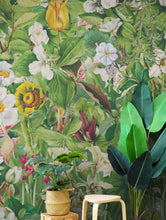 Carregar imagem no visualizador da galeria, Botanical Vegetation Garden Wall Mural. Color Pencil Artwork of Flower Garden Peel and Stick Wallpaper. Rainforest Jungle Botanical Flowers and Leafs Background. #6449
