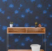 Carregar imagem no visualizador da galeria, Blue Color Flower Wall Mural Pattern. Dark Navy Blue Background. #6451
