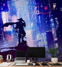 Load image into Gallery viewer, Japanese Samurai in Cyberpunk Futuristic City of Japan Wall Mural. #6452
