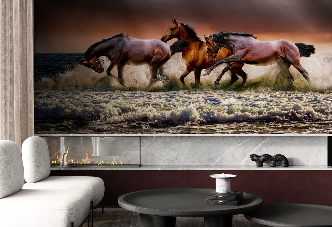 Wild Horses Galloping on Beach Wall Mural. Peel and Stick Wallpaper. #6458